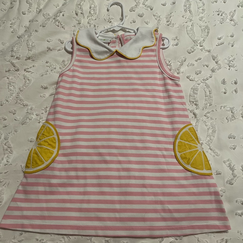 Boutique Pink Striped Kids Dress with Lemon Accents